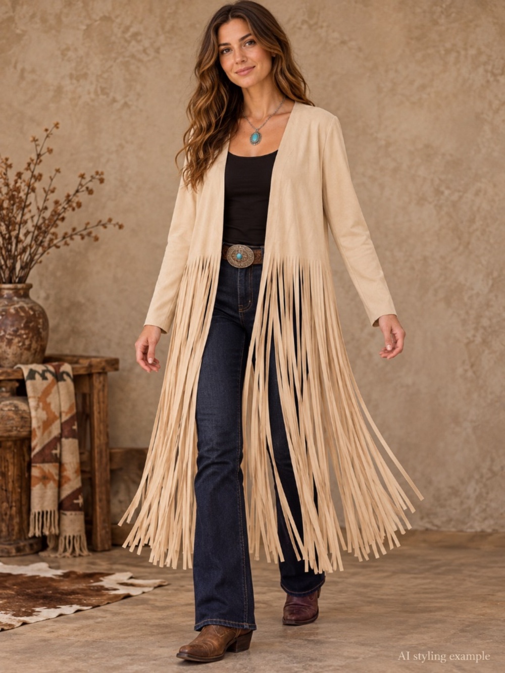 Vocal Beige Suede\-Look Extra\-Long Fringe Jacket – Western Boho